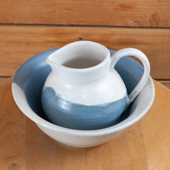 Vintage 90s Handmade Matching Ceramic Pitcher and Bowl Set